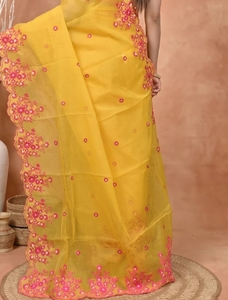 KV Women's Printed Kota Pure Cotton <b>Saree</b> with Unstitched Blouse (<b>Yellow</b>) Reversible Quick Dry Wrinkle Free Autumn - Product Image 3