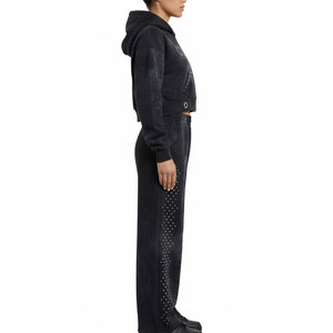 OEM Custom Winter Casual Heavyweight Patch Rhinestone Embroidery Acid Wash Set Flared Sweatpants <b>Zip</b>-<b>Up</b> Hoodie Unisex Tracksuit - Product Image 3