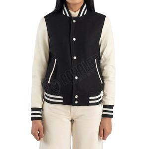 Veste universitaire noire pour femmes Veste de style baseball classique Vêtements d'extérieur sportifs décontractés en laine et manches en cuir Veste universitaire - Product Image 1