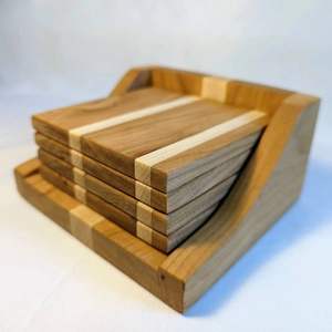 Set of 4 Wholesale Luxury Eco-Friendly 10mm Thick Walnut & Acacia Wood Coasters with Iron Holder <b>Stand</b> for Coffee Table <b>Drinks</b> - Product Image 1