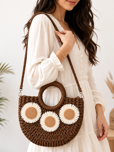 Bolso de Playa de Rafia Tejido a Mano de Lujo Personalizado con Diseño de Girasol y Margarita, Bolso de Hombro Cruzado de Media Luna con Correa para Mujer, Regalo de Verano - Product Image 3