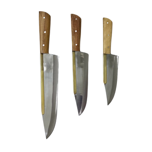Ensemble de 3 couteaux de cuisine en acier inoxydable, lames argentées, manches en bois naturel brun, rivetés, couteau de chef, couteau de boucher, outils de découpe de viande - Product Image 3
