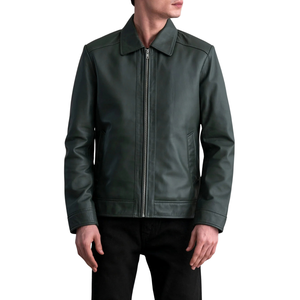 Custom <b>Mens</b> Dark Green Real Leather Jacket Classic Collar Zip Up <b>Coat</b> OEM Private Label Clothing Manufacturer Wholesale Supplier - Product Image 1