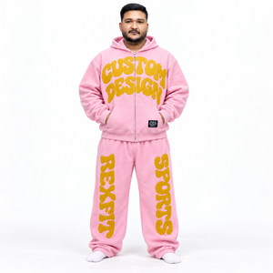 Full <b>Zip</b> <b>Hooded</b> Tracksuit with Chenille Applique Letter Design Wide Leg Sweatpants Custom Casual Sportswear Sets custom unisex - Product Image 1