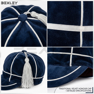 Chapeau de présentation classique bleu marine uni en velours avec bordure tressée blanche et pompon, idéal pour les écoles, clubs sportifs et universités – Nouvelle collection - Product Image 4