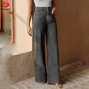 Jean décontracté taille haute pour femme, coupe large, en denim délavé avec sequins, style automne - Product Image 3