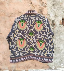 Open Front Pockets Trendy Winter Outerwear Belt Made Soft Fabric Handmade Women's Suzani Jacket Elegant Embroidery Comfortable - Product Image 2