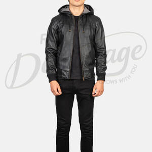 Chaqueta Bomber de Cuero Genuino Negro Premium para Hombre con Capucha - Prenda Exterior Casual de Piel de Oveja Genuina con Corte Ajustado y Ribete Acanalado - Product Image 1