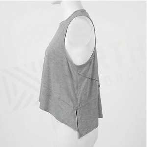 North Approach Gray Asymmetric Sleeveless Yoga Tank <b>Top</b> Breathable Solid Crew Neck Sportswear - Product Image 3
