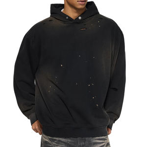 Sweat à capuche surdimensionné en molleton français avec boutons-pression métalliques vieillis style vintage, personnalisable, OEM, haute qualité, délavé à l'acide pour homme - Product Image 2