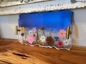 Blue & Gold Resin Tray with Real <b>Pressed</b> <b>Flowers</b> Handmade Blue Gold Resin Serving Tray Marble Effect Decorative Platter - Product Image 4