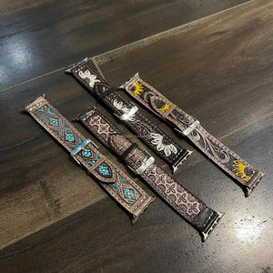 Top Quality Hand <b>Tooled</b> Floral Painted Style Genuine <b>Leather</b> Watch Bands Vintage Luxury Replacement Straps for Smartwatches - Product Image 4