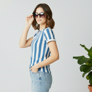 Camisetas de Mujer a Precios de Mayoreo, Camiseta de Media Manga de Primera Calidad en Color Azul y Blanco con Servicios OEM - Product Image 2