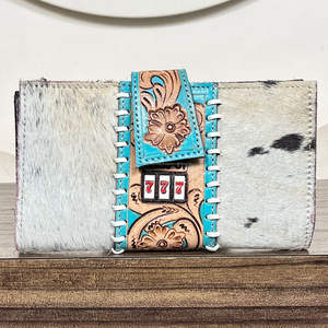 Trending Vintage Hand Tooled Genuine Cowhide Leather Clutch With Floral Pattern Jackpot Design Ladies Western Purse for Women's - Product Image 4