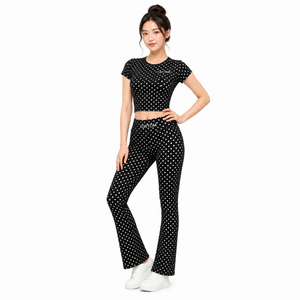 new custom women's <b>set</b> polka dotted short sleeve fitted crop top fold over high waist bootcut flare yoga pants 2026 - Product Image 2
