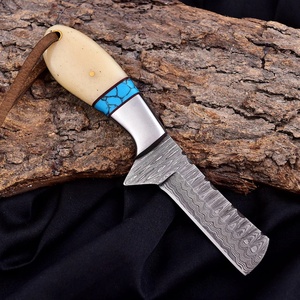 Cuchillo de caza de acero de Damasco hecho a mano, tipo Cowboy Bull Cutter, hoja fija, mango de hueso natural y turquesa, OEM personalizable, 3 años de garantía. - Product Image 4