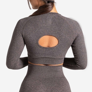 Women 2 Piece Yoga <b>Set</b> Long Sleeve Crop Top High Waist Leggings Solid Gray <b>Knitted</b> Sporty Activewear Full Length Skinny Fit - Product Image 5