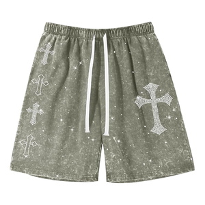 Pantalones Cortos con Cruz de Diamantes de Imitación, Pantalones Cortos con Lavado Ácido y Cruz de Diamantes de Imitación, Pantalones Cortos Vintage con Gráfico de Cruz, Pantalones Cortos de Forro Polar con Cruz de Diamantes, Estilo Y2K - Product Image 2