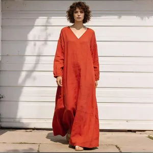 Women Plain Red <b>Boho</b> Maxi <b>Dress</b> Deep V Neck <b>Long</b> Lantern Sleeve Loose Oversized Casual Floor Length <b>Dress</b> - Product Image 1