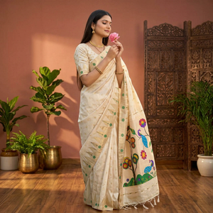 Sari en soie crème avec motifs de paons et de fleurs dessinés à la main, tenue traditionnelle indienne pour femmes, tenue décontractée toutes saisons - Product Image 1
