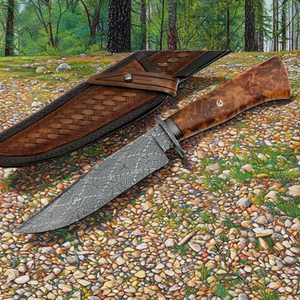 Couteau de camping multi-usage en acier Damas avec manche en bois et étui en cuir - Product Image 5