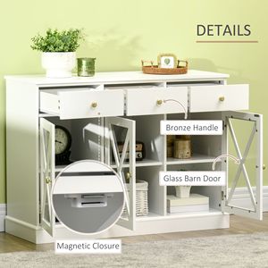 Credenza Buffet Bianca Stile Rustico con 3 Cassetti, Maniglie Bronzo, Mobile Bar Caffè, Anta Scorrevole in Vetro con Chiusura Magnetica, per Sala da Pranzo Villa - Product Image 6