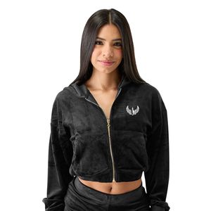 Women's Black <b>Crop</b> Full <b>Zip</b> Hoodie Long Sleeve Soft Casual Workout Gym Activewear Comfortable Everyday Outerwear - Product Image 2