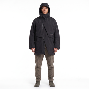 Veste technique imperméable pour homme, sur mesure OEM, 3L, coupe asymétrique 3/4, style trench-coat, noir mat, fermeture éclair, coupe-vent - Product Image 1