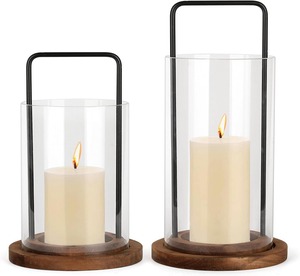 Modern Glass Hurricane Lantern With Wood Base <b>Black</b> Metal Handle <b>Pillar</b> <b>Candle</b> <b>Holder</b> Set Nordic Wedding Table Centerpiece Decor - Product Image 1