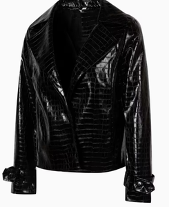 Blouson bomber noir en PU gaufré effet crocodile, col rabattu, fermeture éclair, coupe ajustée, longueur courte, streetwear d'automne - Product Image 2