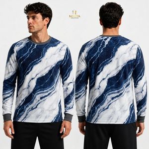 เสื้อสเวตเชิ้ตผ้าฟลีซลายหินอ่อนสีน้ำเงินขาว แขนยาว คอกลม พิมพ์ลายทั้งตัว สำหรับผู้ชาย เสื้อกันหนาว - Product Image 1
