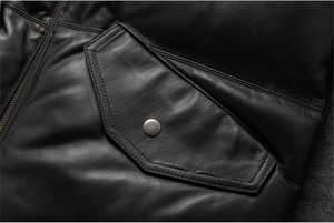 Blouson aviateur en cuir véritable pour homme, doublure polyester, coupe-vent, hiver, toile écologique, style motard, coupe classique - Product Image 5