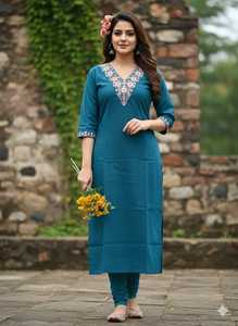 Vestido Tradicional Indio Leranath para Mujer, Verde, de Algodón Slub, con Cuello Bordado, Largo hasta el Tobillo, Corte Regular, Estilo Casual - Product Image 3