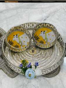 Luxurious Look Gold Coloured Brass Bowl Tray Set Handmade Rajasthan AARNA COLLECTION for Wedding Anniversary Gift <b>Red</b> Velvet <b>Box</b> - Product Image 2