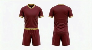 ชุดเสื้อฟุตบอลคอวีสีแดงเลือดหมูสำหรับผู้ชาย แขนสั้น กางเกงขาสั้นมีเชือกผูก ระบายเหงื่อได้ดี ผลิตจากโพลีเอสเตอร์ - Product Image 1