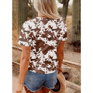 Camiseta de manga corta con estampado de vaca y cinturón de color caramelo, cuello redondo, ajuste holgado, informal, top de verano para mujer, tejido transpirable de poliéster - Product Image 2