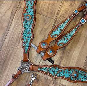 Ensemble de sellerie western de qualité supérieure en cuir véritable, avec têtière et collier de poitrage, garniture à points de boutonnière, pour usage équestre - Product Image 2