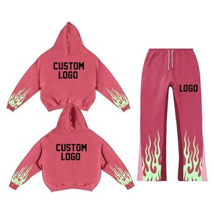 New Arrivals Custom Logo Men's <b>Pink</b> Hooded <b>Tracksuit</b> Set Full Sleeve Flame Print Loose Fit Streetwear Autumn Wear Unisex Adults - Product Image 1