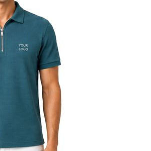 Polo pour homme personnalisé bleu sarcelle en maille gaufrée à col zippé, respirant, à manches courtes, décontracté, pour le golf et le tennis, haut de performance - Product Image 4