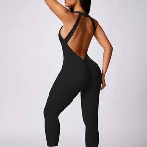 Women Solid <b>Black</b> Halter Sleeveless Full Length <b>Bodysuit</b> Seamless Four-Way Stretch Sportswear Jumpsuit - Product Image 3