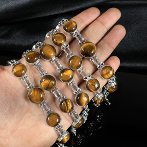 Wholesale Handmade 925 Sterling Silver Plated Natural Tiger Eye Gemstone Multi-<b>Stone</b> Bezel Link <b>Bracelet</b> Opaque <b>Stone</b> Jewelry - Product Image 4