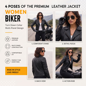 Women Genuine Leather Biker Jacket Turn Down Collar Multi Panel Full Sleeve Zipper Closure Motorcycle Jackets Ladies - Product Image 3