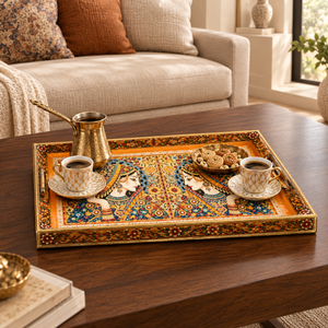 Artistic Natural Wood Enamel Serving Tray | Traditional Ramadan Wedding Decor <b>Rectangle</b> Tea <b>Coffee</b> Snack Dining <b>Table</b> Home Decor - Product Image 3