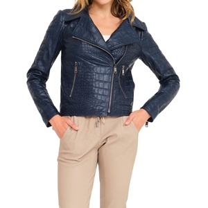 Chaqueta de Moto Unisex Azul Oscuro de Piel de Cocodrilo con Cremallera Lateral, Chaqueta de Cuero Impermeable y Transpirable para Mujer - Product Image 1