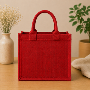 Red Jute Tote <b>Bag</b> With Geometric Design 12x6x12.5 Inches Handle Drop 4.5 Inches - Product Image 5