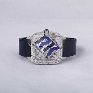 <b>Black</b> Leather Strap Square Shaped Dial Moissanite Wristwatch Diamond Roman Numeral Dial Diamond <b>Watch</b> Supplier - Product Image 1