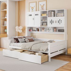 Letto a giorno in legno bianco all-in-one con 2 cassetti e ripiano, letto matrimoniale - Product Image 1