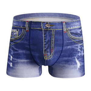 Men's Denim Print <b>Boxer</b> Shorts Mid Waist Distressed Jeans Style Casual Summer Underwear Breathable <b>Polyester</b> Cotton Trunks - Product Image 1