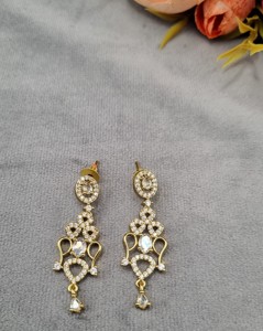 Repeating Pear Halo Motif Curved Links Oval Stone Accents And Matching Chandelier Earrings Antique Gold Plated AD <b>Jewellery</b> <b>Sets</b> - Product Image 4