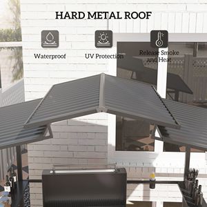 Gazebo con Tetto Rigido 8 x 5 Piedi, Doppio Tetto in Metallo, 4 Portabicchieri, Struttura in Legno, 2 Ripiani Laterali per Patio, Giardino, Prato, Terrazza - Product Image 4